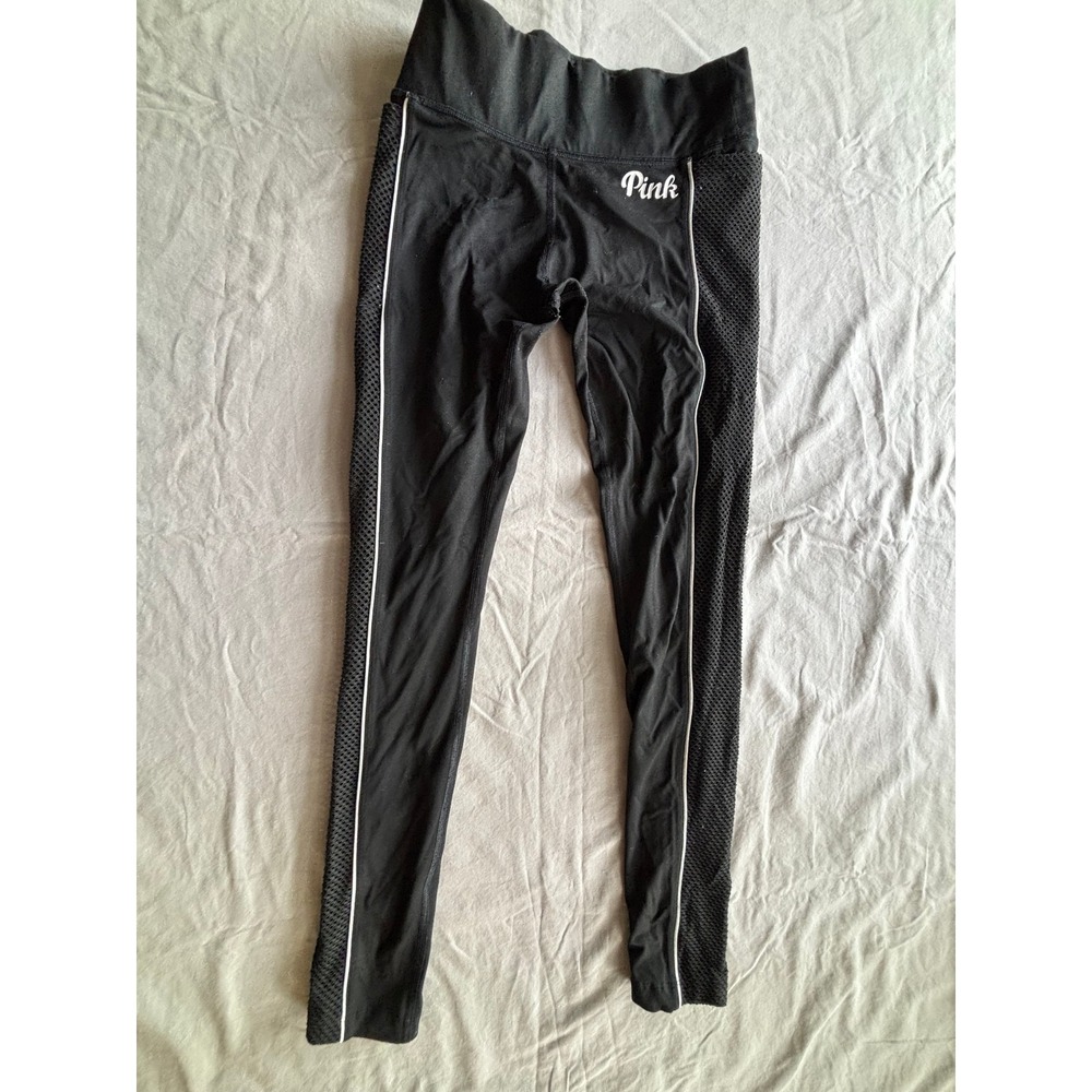Pink Victorias Secret Ultimate Leggings Black Mesh Side Panel White Piping Small